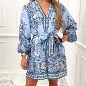 MOCHY Chic Blue Paisley MINI BOHO Dress with Tie Waist: WOMEN SIZE M/L